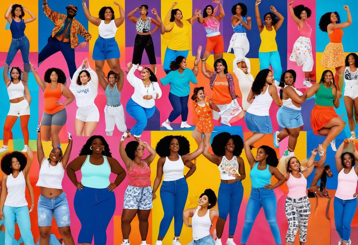 A collage of diverse bodies celebrating body positivity, featuring individuals of various sizes and ethnicities joyfully engaged in popular cultural activities, like dancing, fashion, and music. The background showcases iconic pop culture symbols, like neon lights and retro designs, while colorful graffiti art expresses empowerment. Ensure the mood is vibrant and uplifting, capturing a sense of community and inclusivity. vibrant colors. 3D. collage style.