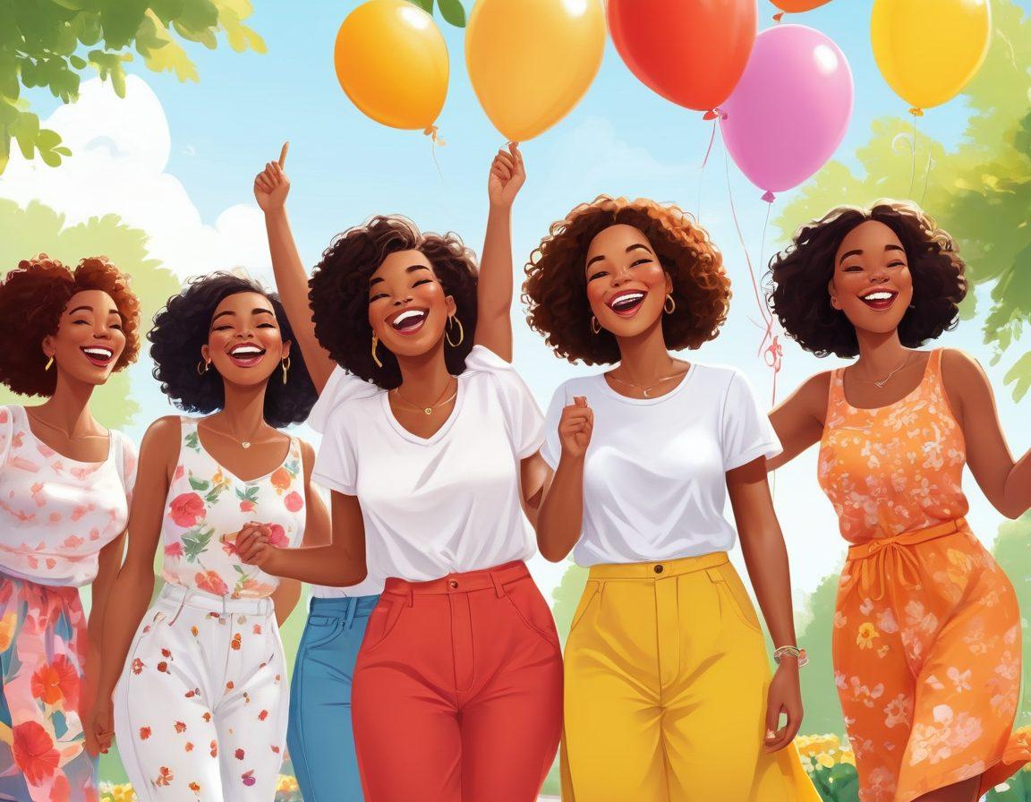 A vibrant illustration of diverse women of all shapes and sizes joyfully celebrating together at a park, surrounded by flowers and balloons. Each woman expresses confidence in their unique style, showcasing colorful outfits and accessories. Incorporate elements of positive affirmations like 'Love Your Body' on banners. Add a playful, uplifting atmosphere with sunshine and laughter in the background. cartoon style. vibrant colors. white background.