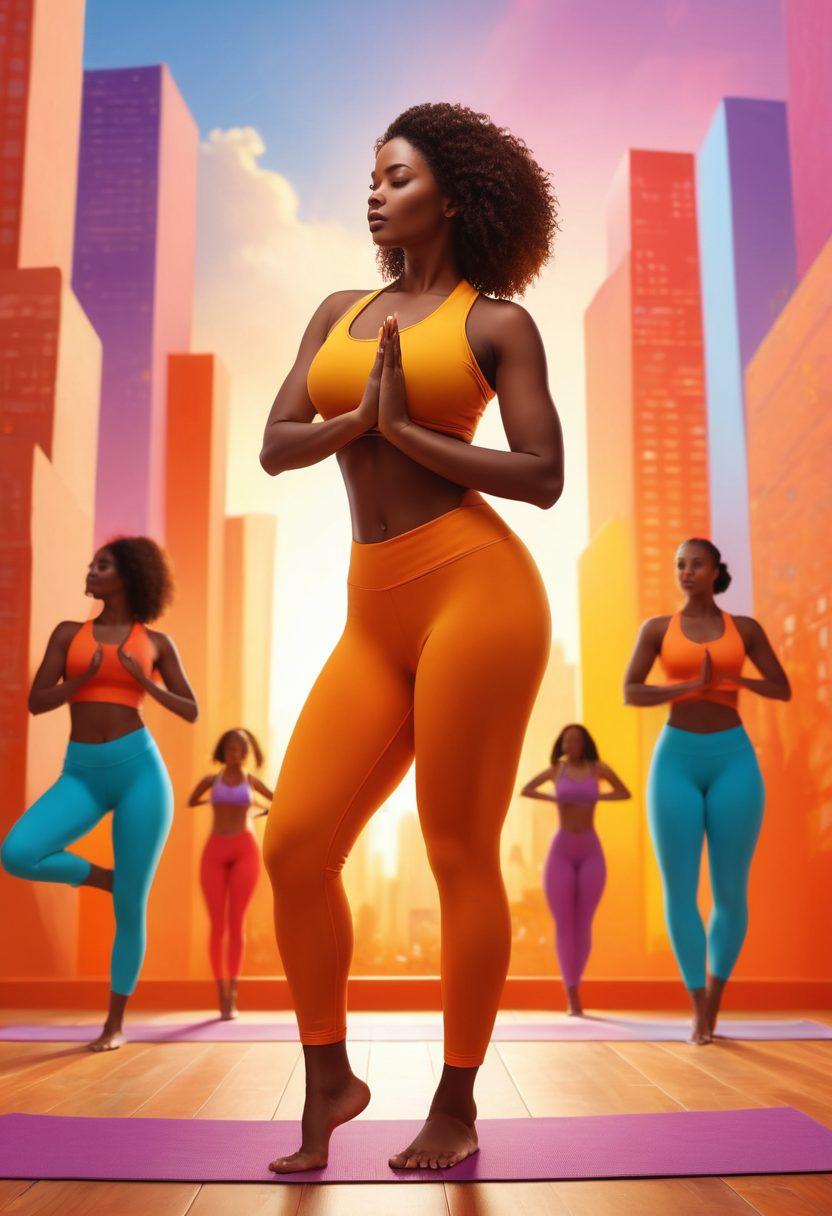 A confident woman with curvy silhouette standing tall, surrounded by vibrant silhouettes of diverse women engaging in various activities promoting health and wellness, like yoga, cooking, and dancing. The background features a lively urban scene symbolizing entertainment and lifestyle, with warm, uplifting colors radiating empowerment. Super-realistic. Vibrant colors. 3D.